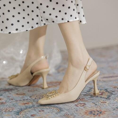 Fashion Women Pumps Square Toe Rhinestone Design Slip On High Heels Pumps Office Shoes Black Apricot Party Mules Work Sandals