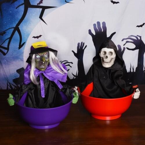 Halloween Decoration Witch and Skeleton Ghost Sitting In A Bowl Electric Toy Induction Voice Control Switch Horror Cry Party Toy