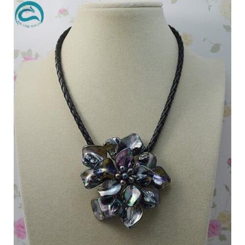 Unique Pearls jewellery Store Womens Handmade Real Pearl Shell Flower Necklace Black Leather Jewellery,8cm Single Flower