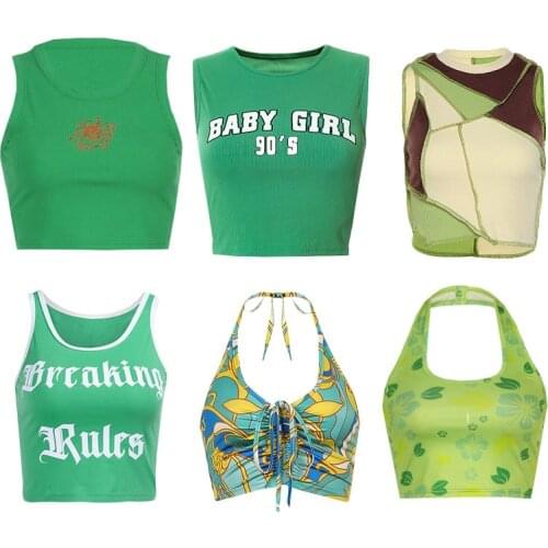 Green Tank Top Y2K Top Women Summer Sexy Backless V-neck Short Camisole 2021 New Fashion Casual High Street Camis 90s Clothing