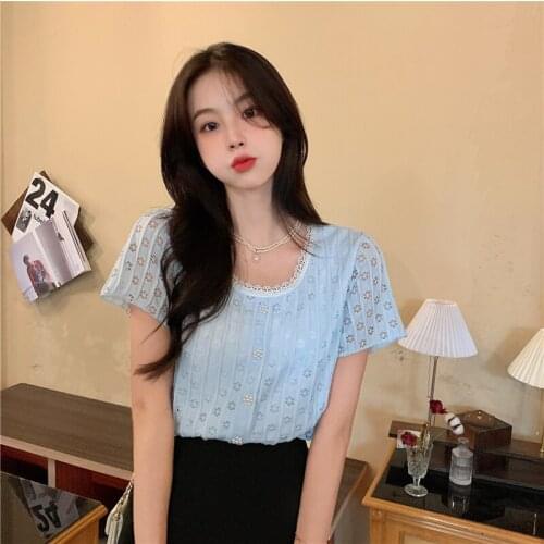 Korean style summer thin section short-sleeved hollow out shirt women