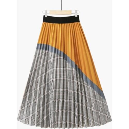 Women Autumn Winter Stylish Patchwork Plaid Midi Skirts Ladies Casual Flare Pleated Long Skirt 5 Colors Fashion Bottoms