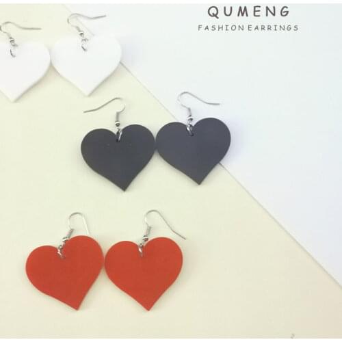 QUMENG 2020 Korean red/black/white acrylic Love Heart Earrings For Women Simple Candy Geometric drop dangle Earrings Jewelry