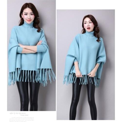 WomenS Autumn 2021 New Fashion Blue Knit Tops Loose Pullover Sweater Batwing Sleeve Cape Coat Lady Turtleneck Tassel Sweater