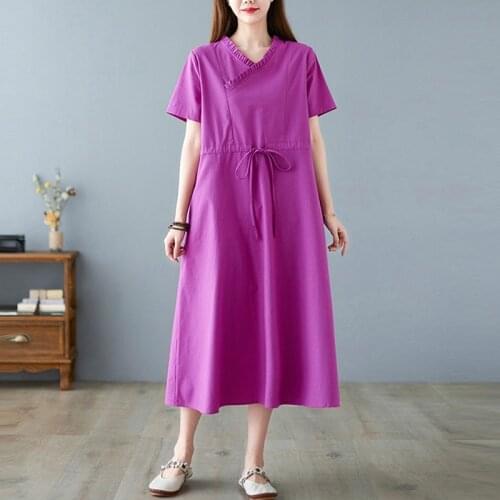 Women Summer Cotton Linen Long Dress New Arrival 2021 Vintage Style V-neck Solid Color Loose Ladies A-line Casual Dresses B587