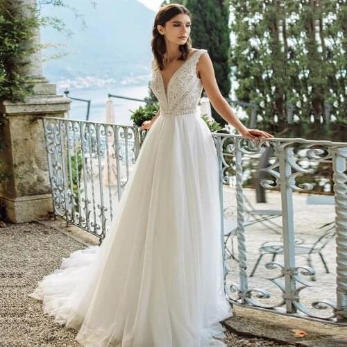 HERBURNL Simple Deep V Neck Wedding Gown Dresses Chiffon Long Illusion Sleeveless Stylish Fashion For Women Party Evening