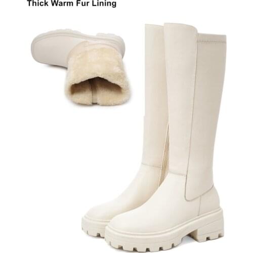 Cow Leather Winter Snow Boots Womens Faux Fur Fleece Plush Knee High Boots Woman Beige Chunky Heels Platform Knight Boots Shoes