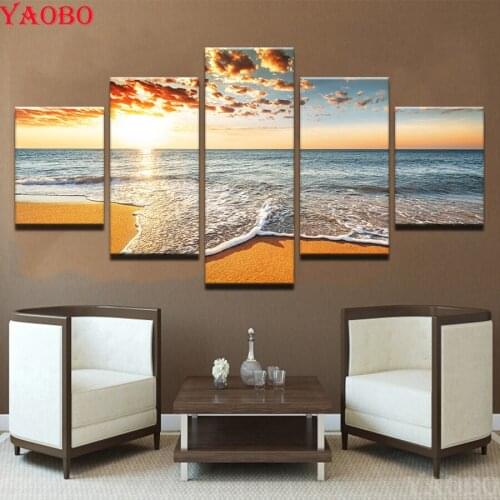 5 Pieces/Pcs DIY diamond painting kits Sunshine Beach Sea Waves diamond embroidery full square round drill Living Room decor