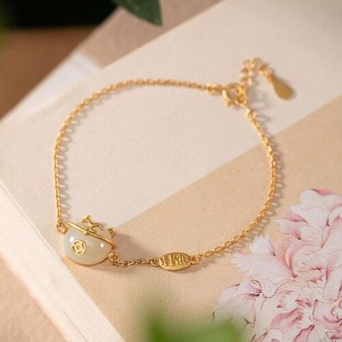 Inspired design gilt inlaid natural Hetian jade cat bracelet simple luxury elegant ladies gift silver jewelry