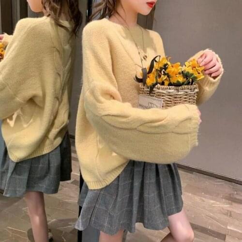 H9524 Women Sweater Pullover Autumn Winter Solid Color Round Collar Loose Warm Knitted Jumper Tops Girl Youth Simple Sweaters
