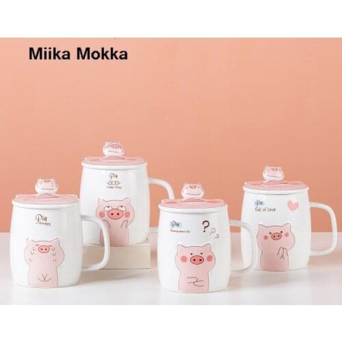 500mL Ceramics Cute Pig Mug with Lid Spoon Coffee Mug Milk Tea Cup Water Drinking Glasses Tumbler Creative Gift Drinkware