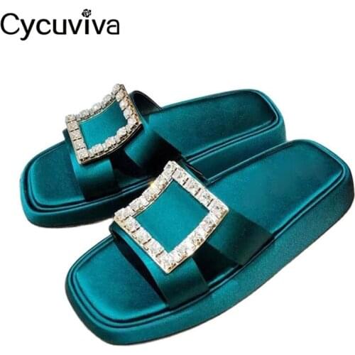 New Square Buckle Crystal Womens Slippers Summer Platform Slides Thick Sole Mules Fashion Flat Beach Shoes Slippers Women