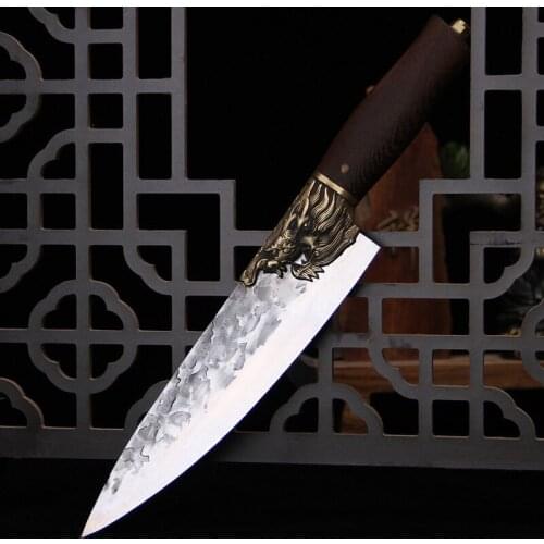 LongQuan Newest 8.5 Inch Gyutou Barbecue Knife Hunting Camping Cleaver Handmade Forge Steel Kitchen Knives Copper Dragon Decor