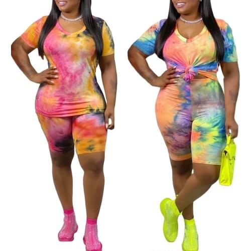 2021 New Women Tie-dye Outfit Summer Short Sleeve T-shirt Elasticated Waist Shorts Tracksuit Female Sportswear Outfits Plus Size