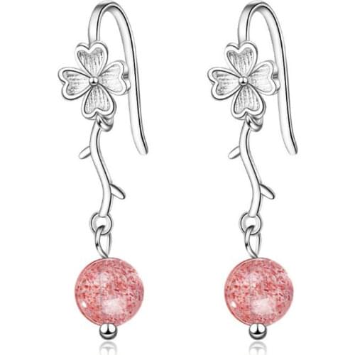 New Long Strawberry Crystal Ear Hook Pink Natural 925 Sterling Silver Jewelry Flower Plum Blossom Branch Dangle Earrings SE901