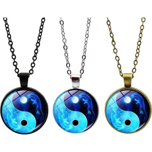 Yin Yang Necklace Tai Chi Unisex Time Stone Cabochon Glass Pendant Chain Dragon Moon Yin Yang Necklace Jewelry Accessories Gifts