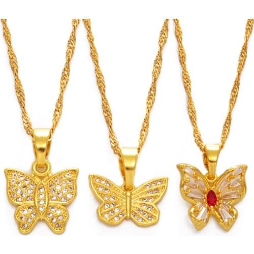 Anniyo Zircon Butterfly Necklaces Women Girl African Arab Middle Eastern Wedding Gifts CZ Charm Pendant Chain Jewelry #236606