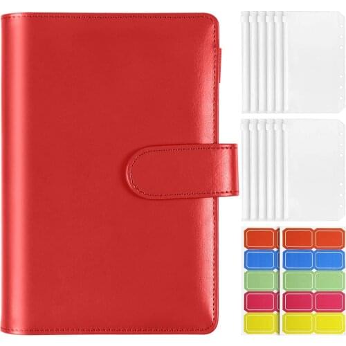 A6 Plastic Binder Pockets with Leather Notebook Binder Cover, 6-Ring Budget Binder Loose Leaf Zipper Bags Envelope System