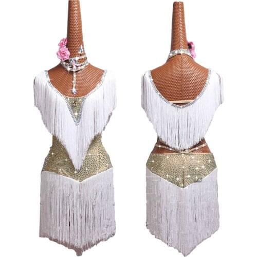 Shiny Rhinestone Latin Dance Dress Women White Club Party Dancer Singer Entertainer Festival Stage Fringe Tassel Dance Dress