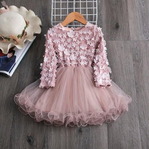 Girls Princess Dress For Kids Long Sleeve Flower Applique Birthday Gown Evening Porm Vestidos Autumn Casual Clothing Children
