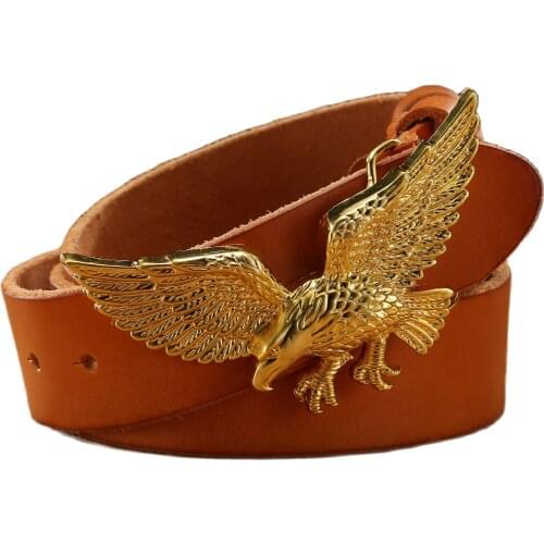 Gold buckle eagle belt mens belts luxury full grain cowhide genuine leather camel brown hawk vintage real leather strap girdle