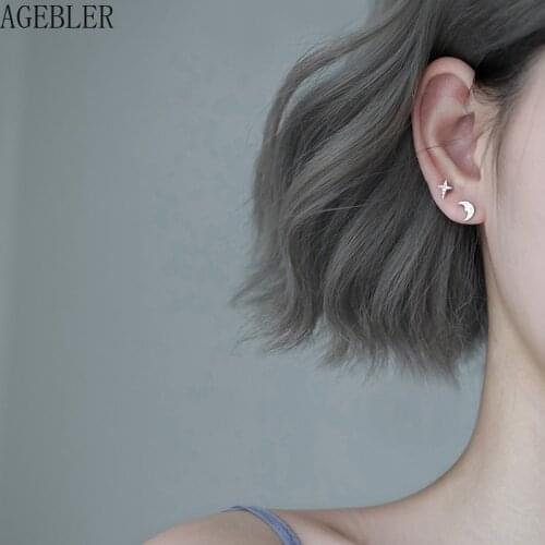 925 Sterling Silver Needle Fashion Jewelry Zircon Stud Earrings Star Moon Asymmetric Cartoon Love Earrings Gold Color