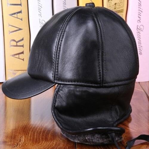XdanqinX Genuine Leather Hat Mens Winter Warmth Bomber Hats New Men Thicken Plush Sheepskin Earmuffs Cap Middle-aged Winter Cap