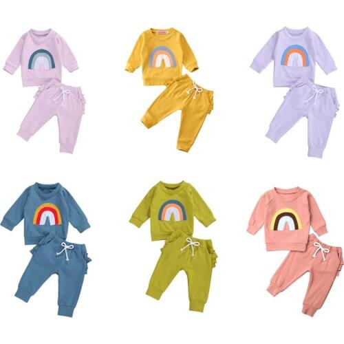 2020 Infant Kids Baby Boy Girl Autumn Clothing Sets Rainbow Striped Long Sleeve Sweatshirt Top+Pants 2pcs Tracksuit Casual 0-3Y