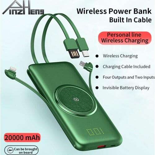 PINZHENG 20000mAh Qi Wireless Charger Power Bank For iPhone Xiaomi Built-in 4 Cables Powerbank Portable External Battery Charger