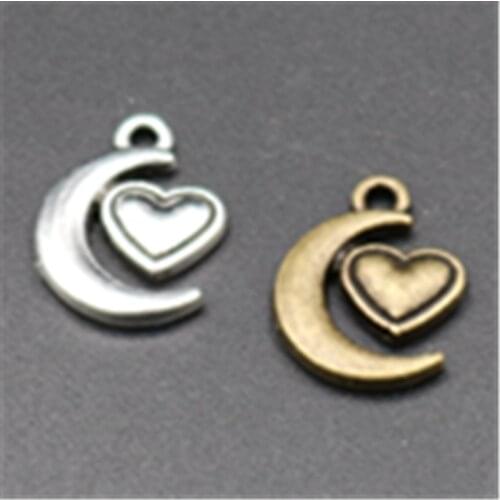 WKOUD 30pcs Silver Color/Bronze Heart Moon Charm Alloy Pendant For Earring Bracelet DIY Fashion Jewelry Making A698