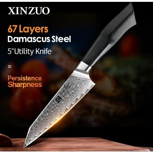 2020 XINZUO 5'' Utility Knife 67 layers Damascus VG10 Steel Black G10 & Mosaic Brass Rivet Handle Newarrive Kitchen Fruit Knives