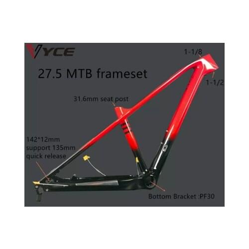 VYCE Bright black with gradual red full Carbon MTB Bike Frame Disc Brake 27.5 12K glossy 135xQR 142x12mm Disc
