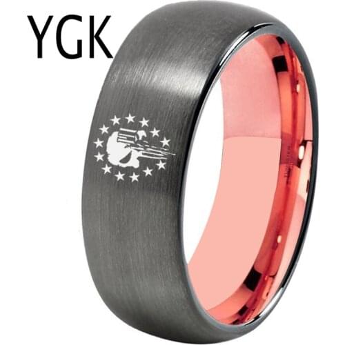YGK Jewelry Military Skull Design Gunmetal Rose Inside Domed Tungsten Ring New Mens Wedding Engagement Anniversary Gift Ring