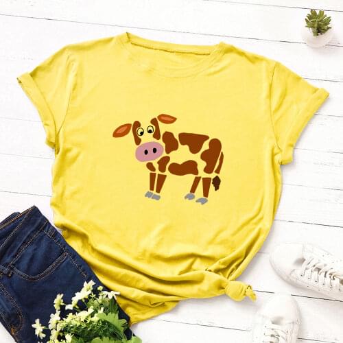 Women T-shirt Graphic Tees Cotton T Shirts Tops Streetwear Oversized Clothes Short Sleeve Plus Size Cute Cow Printed Funny Shirt