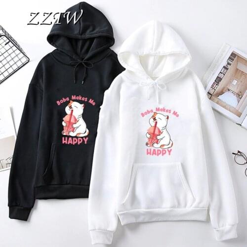 Lovely Boba Makes Me Happy Hoodie Cute Cat Hooded Sweatshirt Harajuku Hoodies Kawaii Casual Hoody O-Neck Womens Clothes