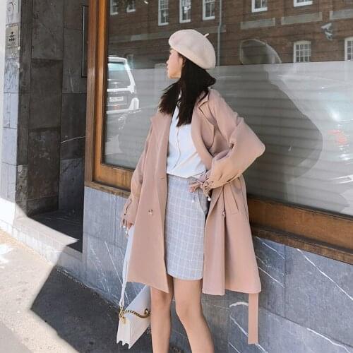 Womens Windbreaker Spring Autumn New British Fashion Pure Color High Quality Double Breasted Lace-up Commuter Feminine Coat 116