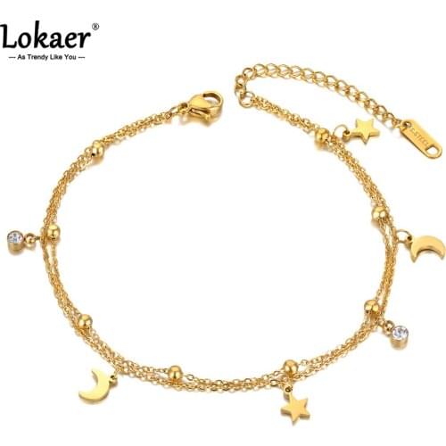 Lokaer Bohemia Double Layer CZ Crystal Moon & Star Charm Anklets For Women Titanium Steel Foot Link Chain Anklet Jewelry A21010
