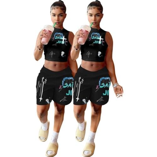 Letter Print Round Neck Sleeveless Vest Sexy Crop Top & Shorts Two Piece Set Women Summer 2021 Fashion Casual Suits