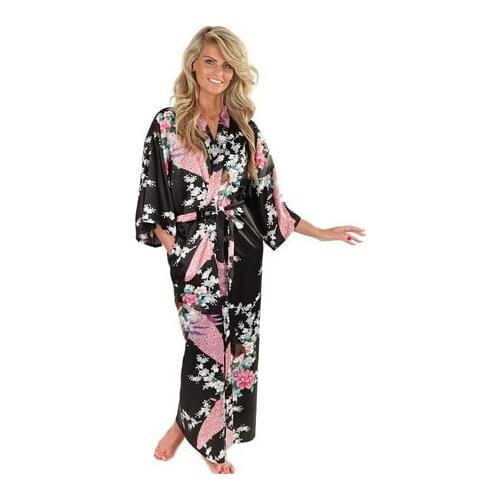 Brand New Black Women Silk Kimono Robes Long Sexy Nightgown Vintage Printed Night Gown Flower Plus Size S M L XL XXL XXXL A-045