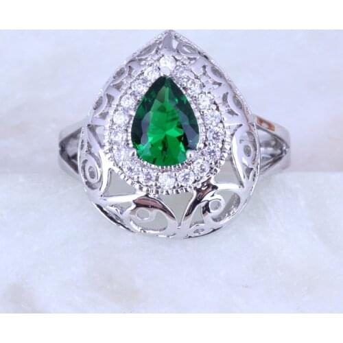 Love Monologue Fashion Hollow Design Water Drops Rings Green imitation Emerald Cubic Zirconia Silver Color Women Jewelry H0236