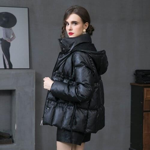 Duck down womens coat black 2021 winter new European and American fashion womens PU leather down jacket womens short
