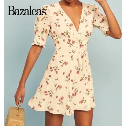 Bazaleas Sexy Waist Bandage vestidos Vintage Red Floral Print Cream Summer Dresses Fashion V Neck women Dress