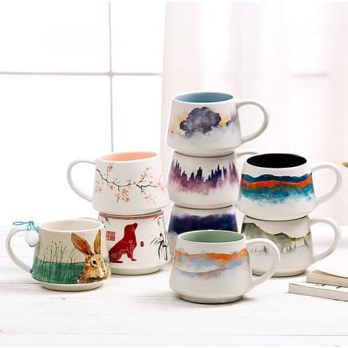 350ML Creativity Chinese Ink Ceramic Mug Cute cartoon Applique rabbit cherry flower Water Cup Coffee Mug milk tea Cups Gift Box