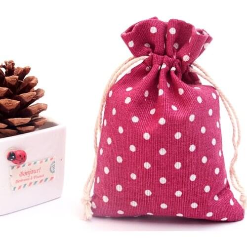 50pcs/lot Small Cotton Bags 10x14cm Drawstring Pouch Dots Design Hot Pink Linen cotton bag favor jewelry packaging bag pouch