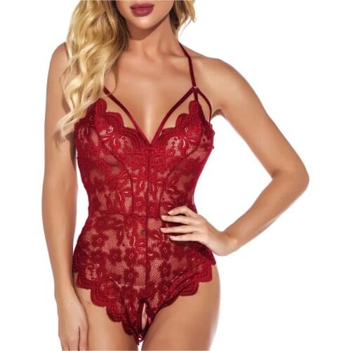 Open Crotch Bodysuit Women Exotic Underwear See Through Flower Lace Lingerie Bodysuits Teddies Sexy Nightwear Bielizna Erotyczna