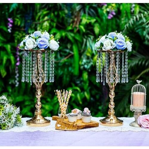 Floral Centerpiece Riser Gold Tall Flower Crystal Centerpiece Stand with Crystal Beads for Event Party Wedding Reception Center