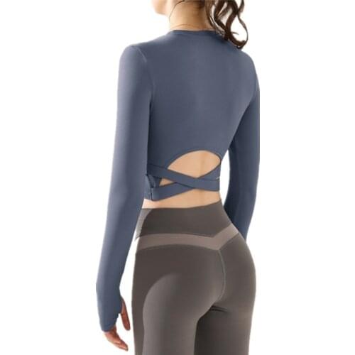 Back Cross Hollow Out Long Sleeve Thumbholes Yoga Shirts Removable Pad Female Yoga T-Shirts Outdoor Running Quick dry T Shirt