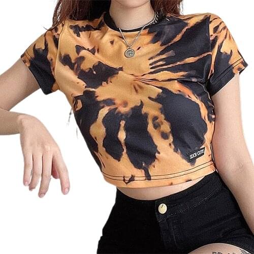 Harajuku Tie Dye Printed E Girl Summer T-Shirts Women Y2K Aesthetic Streetwear Clothes O Neck Short Sleeve Tee Shirt
