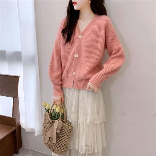 Orange Cardigan Women Sweater Autumn Spring V-Neck Sweet Long Sleeve Elegant 2021 Fashion Knit Top Fall Vintage Loose Female