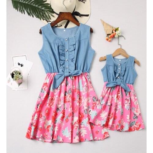 Summer Mother and Daughter Dresses Fashion Family Matching Clothes Set Mom and Me Ruffles Sleeveless Floral Dress Outfits